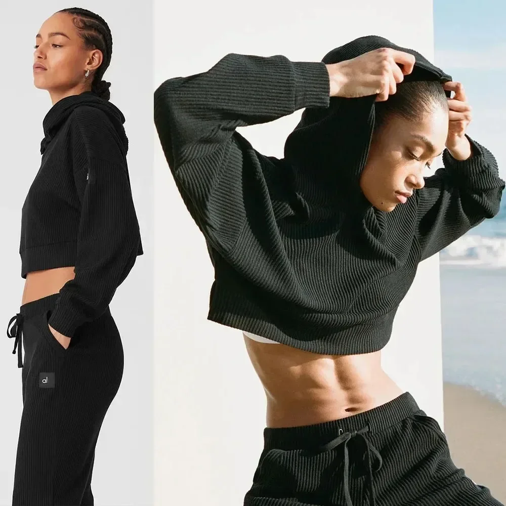 Loose Women's Yoga Muse Hooded Sweat Shirt Muse Sweat Pant Short Side Split Top Yoga Ribbed Workout Suit Women's Yoga Sets