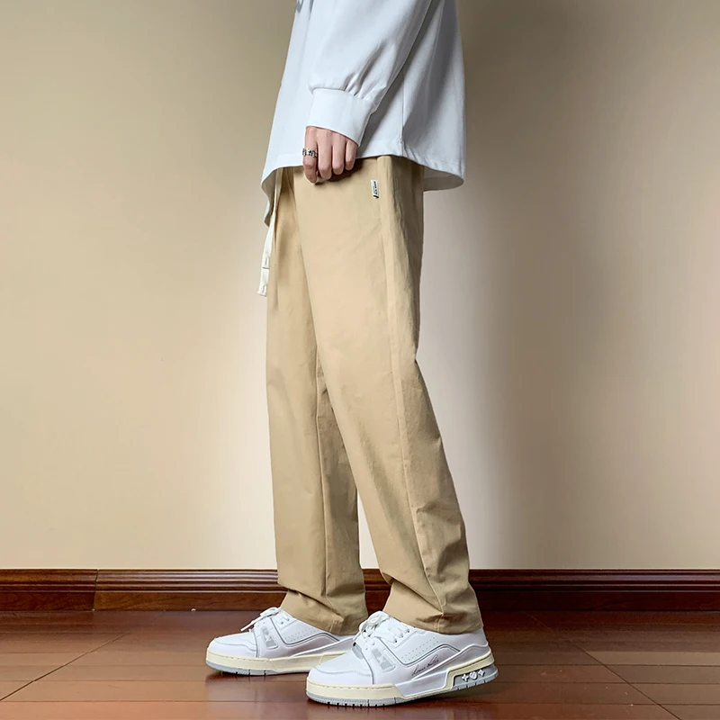 Oversized Casual Pants Men Breathable Cotton Drawstring Baggy Trousers Classic Straight Trousers Solid khaki Pants Male