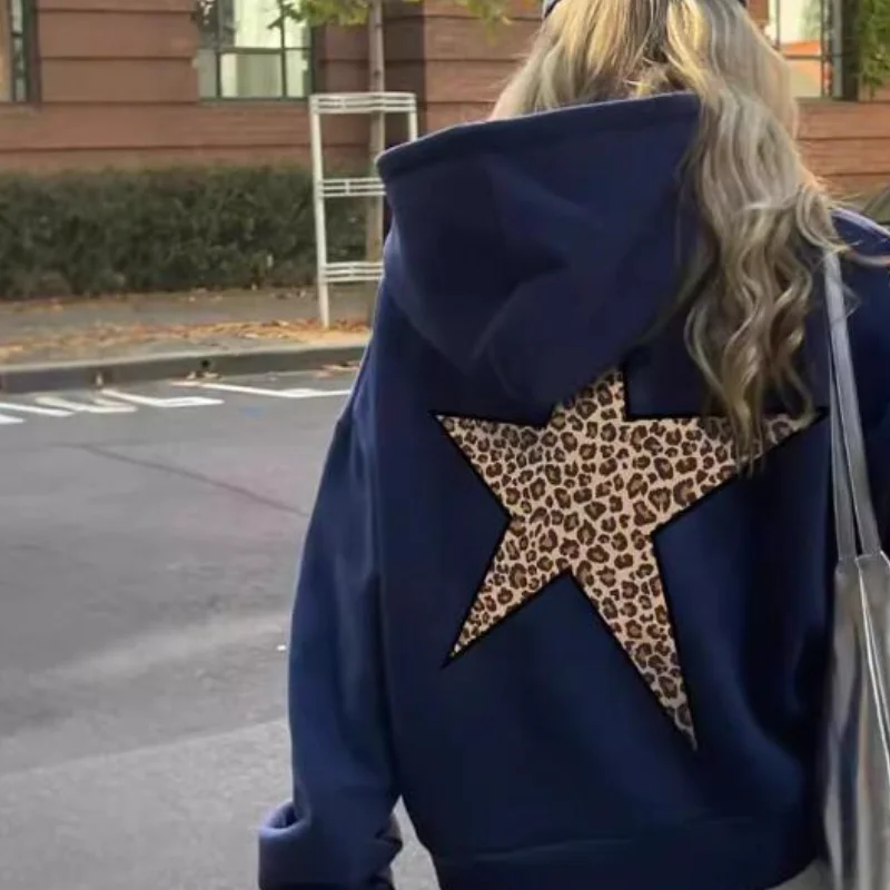 

Kawaii модные топы для девочек, студенческая повседневная женская одежда с героями мультфильмов, леопардовый принт, звездный узор, свободная посадка, двухслойная толстовка с капюшоном, повседневная
