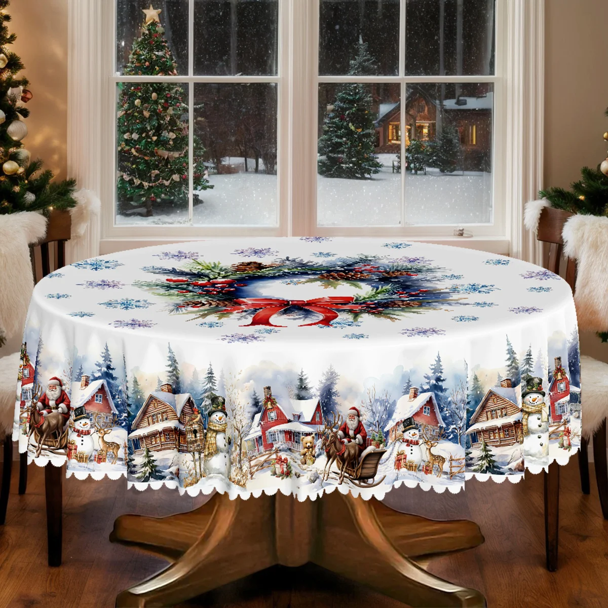 One Christmas winter snowman Santa Claus tablecloth with a wreath and snow scene designzyc