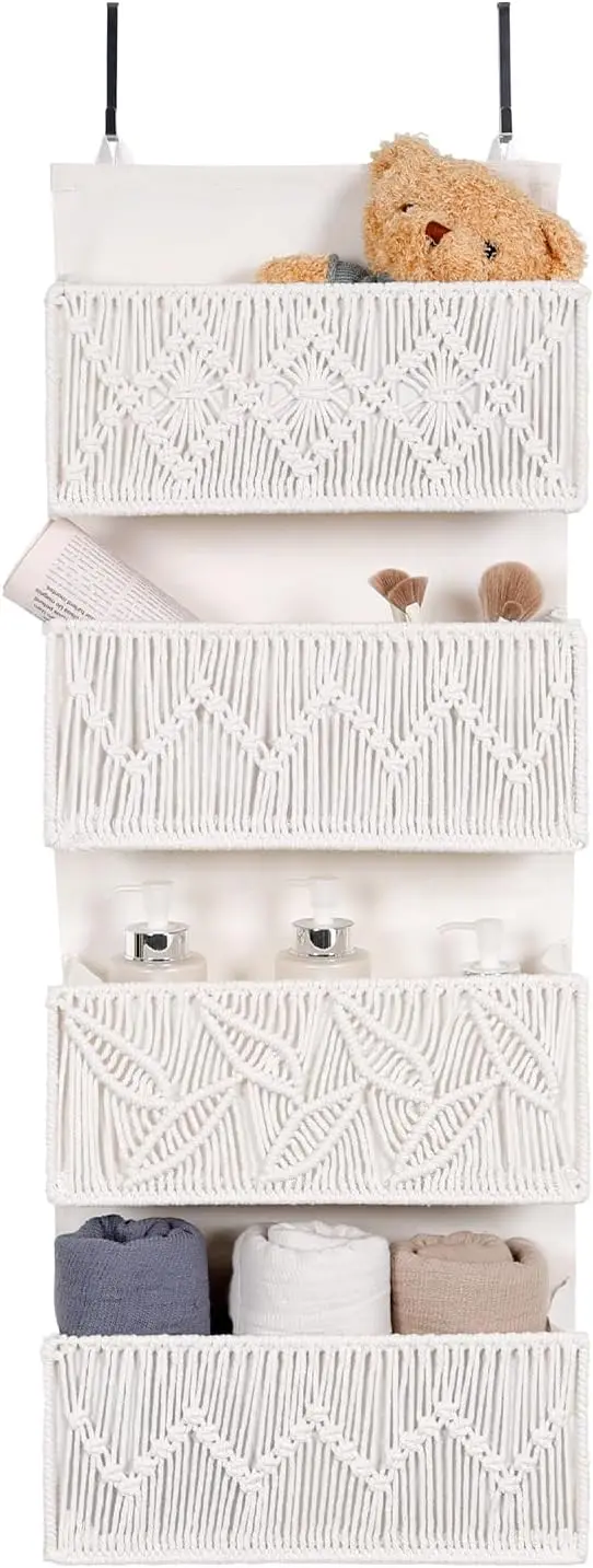

Macrame Over the Door Organizer Boho Decor Nursery Storage, Leaf Weaving Closet Organizers and Storage，with 4 Hanging P
