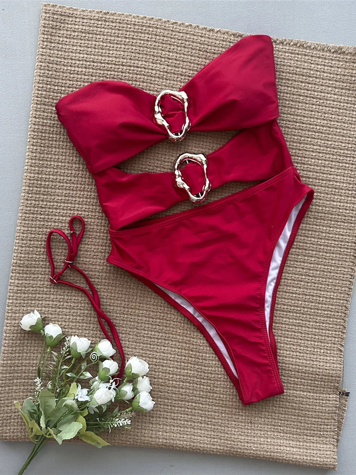 

3 Colors Sexy Metal Rings Cut Out Women Swimwear One Piece Swimsuit Female Bandeau High Leg Cut Bather Bathing Suit Swim K5931