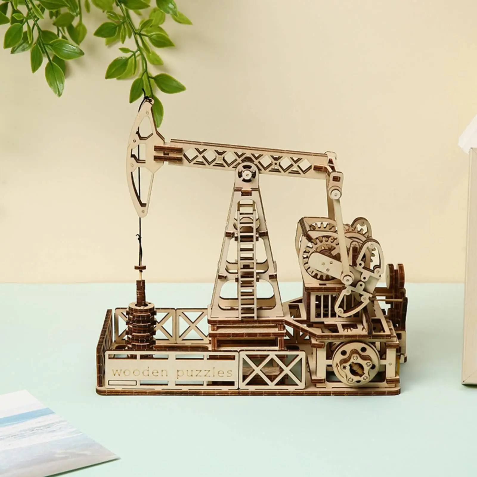 Children 3D Puzzle Basswood Mechanical Oil Well Model Kit Wooden 3D Puzzle Toy Desktop Decor for Classroom Office