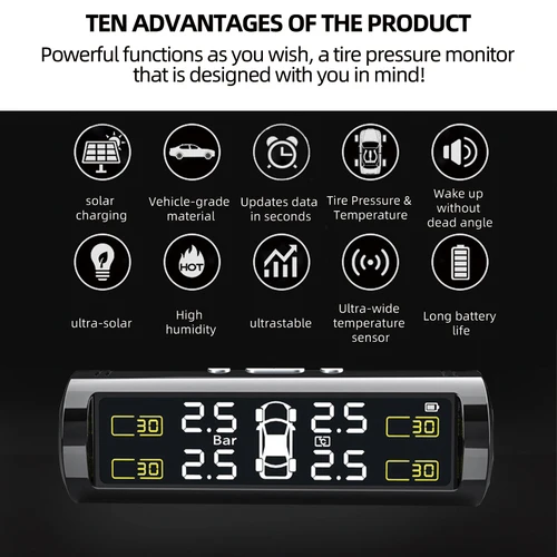 Imagen 2 del producto Sistema de Monitoreo de Presión de Neumáticos Inalámbrico TPMS USB/Solar con 4 Sensores, Temperatura de Neumáticos, Alarma de Seguridad
