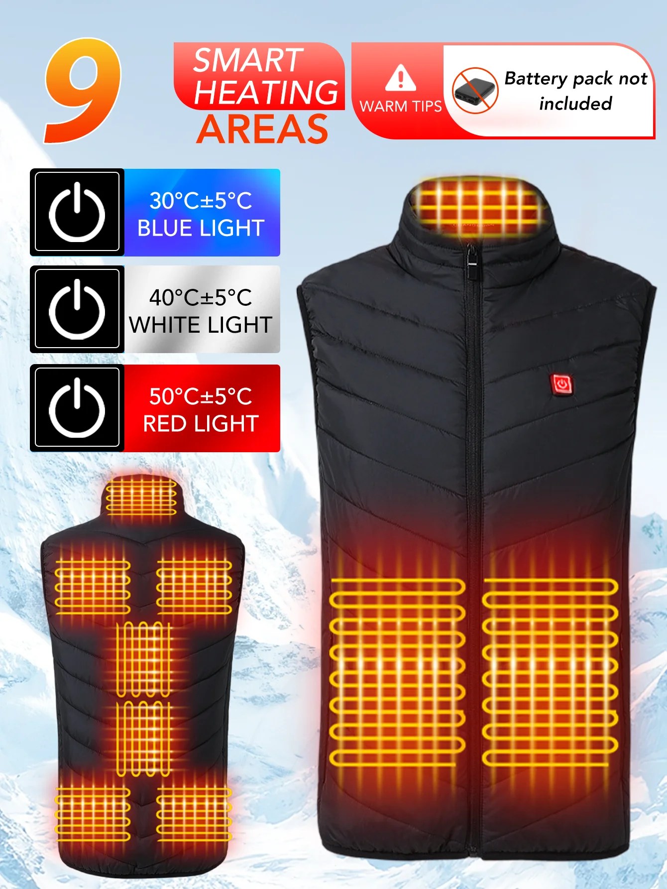 

Электрический жилет с 9 зонами нагрева, жилет со стоячим воротником для зимнего тепло, 3-скоростная регулировка температуры