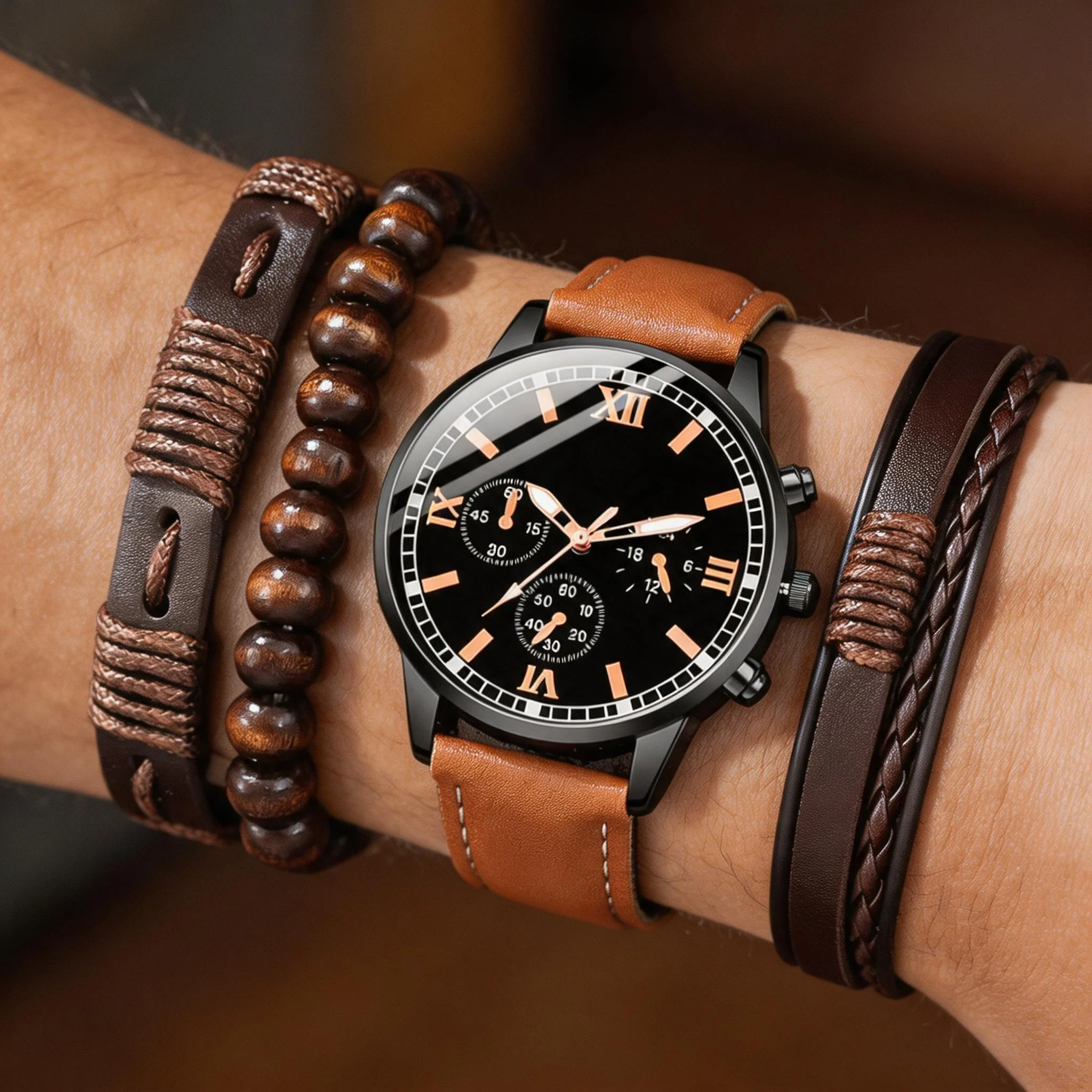 4pcs Men's Watch Set, Business Simple, Nice Gift For Ramadan, Eid Al-Fitr, Christmas, Anniversary, Back To School Season