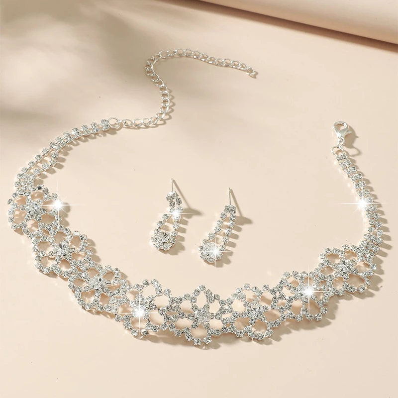 Fashion Crystal Bride Jewelry Set Rhinestone Silver-plated Wedding Dress Banquet Necklace Earrings Set Ladies Gift