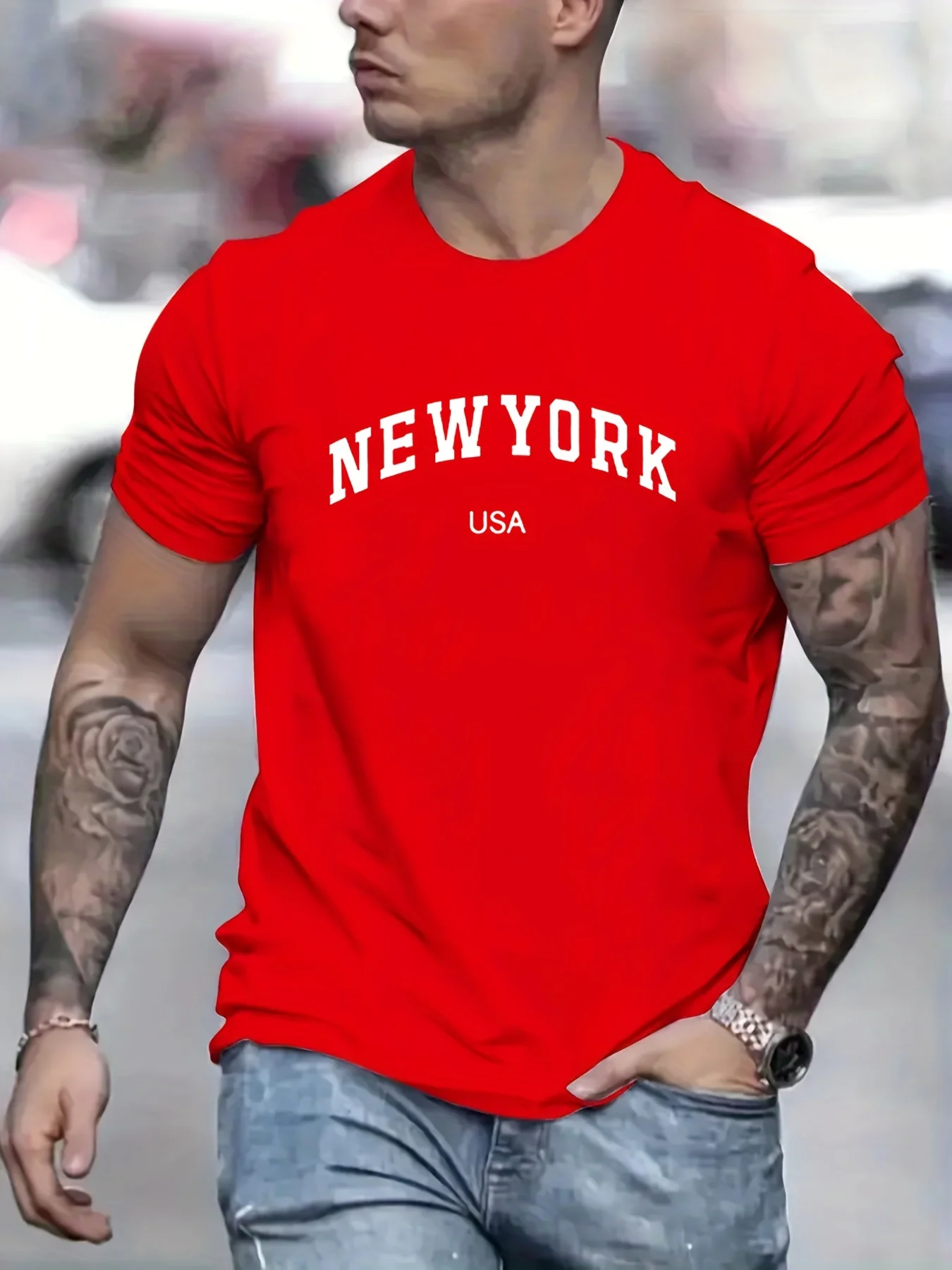 Men\'s 100 cotton summer fashionable casual loose plus size new York Usa printed slim fit sports round neck short sleeved T-shirt