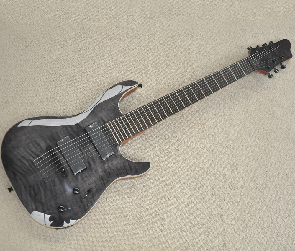 7 Strings Gloss Black Electric Guitar with Quilted Maple Veneer,24 Frets,Can be Customized