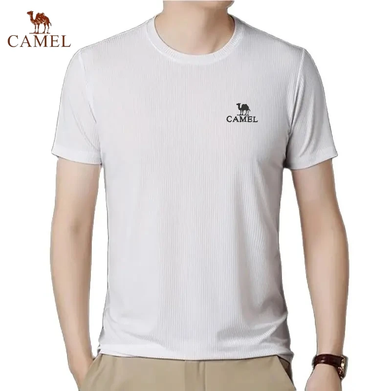 

New Embroidered CAMEL Silk Stripe Short Sleeved T-shirt for High End Summer Men's Fashion, Casual, Smooth, Comfortable Polo Top