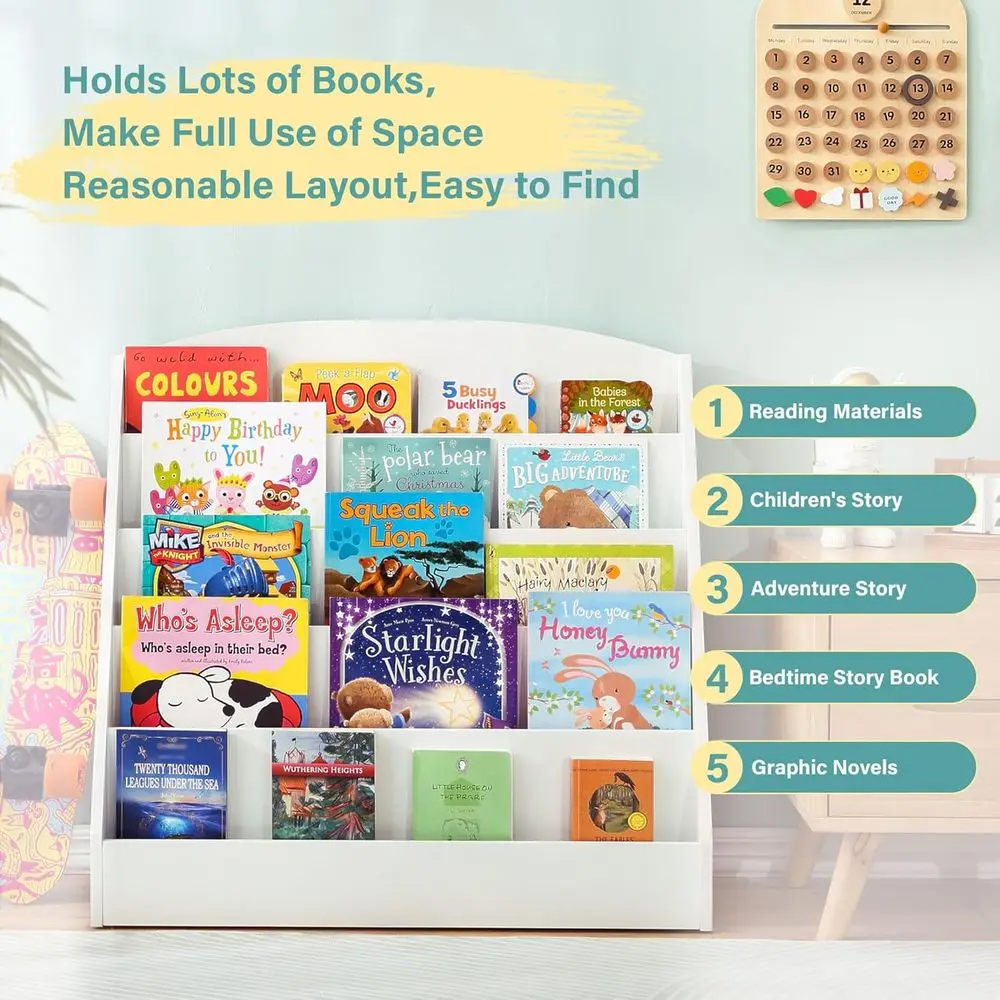 TOETOL 5-Tier Kids Bookshelf - Toddler Book Display Shelves for Classrooms, Playrooms, and Nursery - Wooden Children Book Rack (