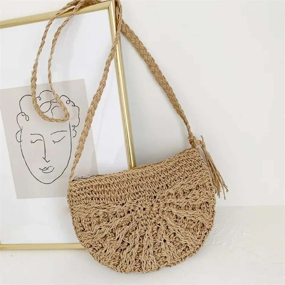 

Half Round Straw Bag Rattan Shoulder Bag Zipper Woven Half Moon Crossbody Handbags Bohemia Vacation for Women