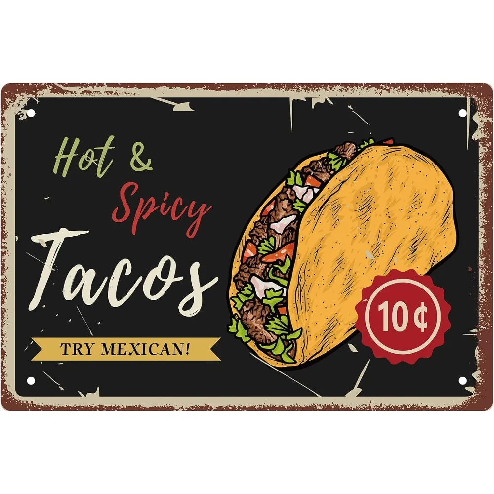 Tacos Tin Signs Hot and Spicy Mexican Cuisine with Tasty Taco Sign Metal Vintage Plaques Retro Posters Gallery Wall making kit