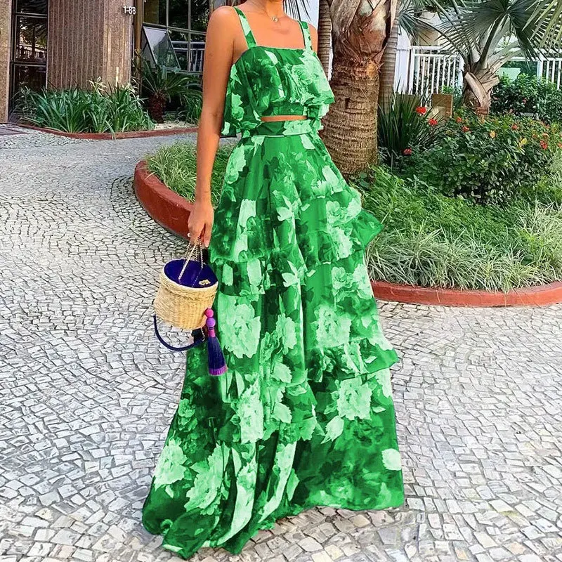 

Women 2 Piece Set Sexy Sleeveless Backless Print Mini Sling Top+Elegant High Waist Cake Beach Dress