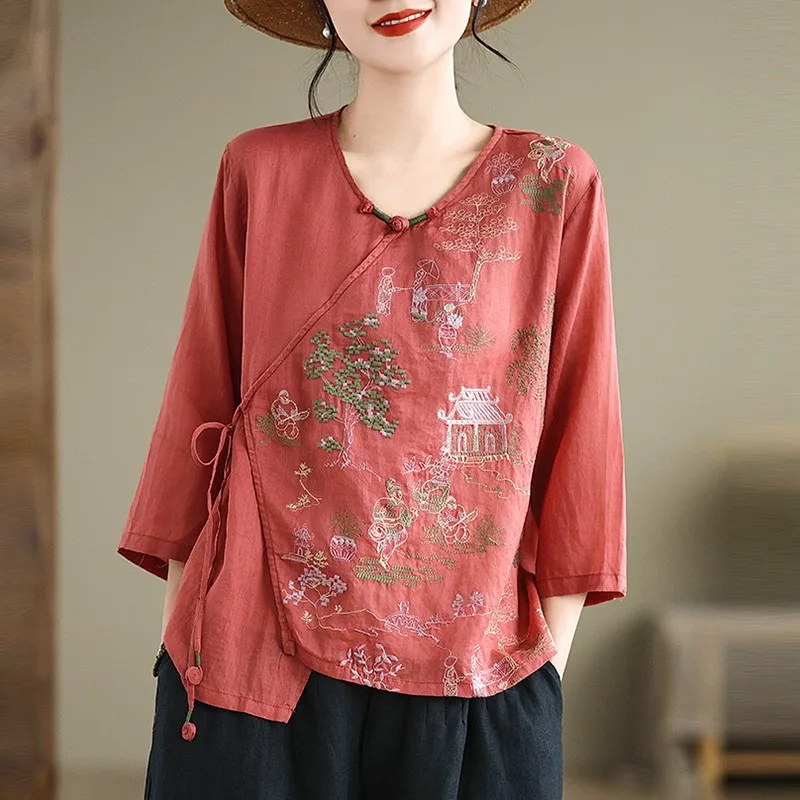 Women Casual Shirt New Arrival 2024 Spring Chinese Style Vintage Floral Embroidery Loose Female Cotton Tops Shirts B3591