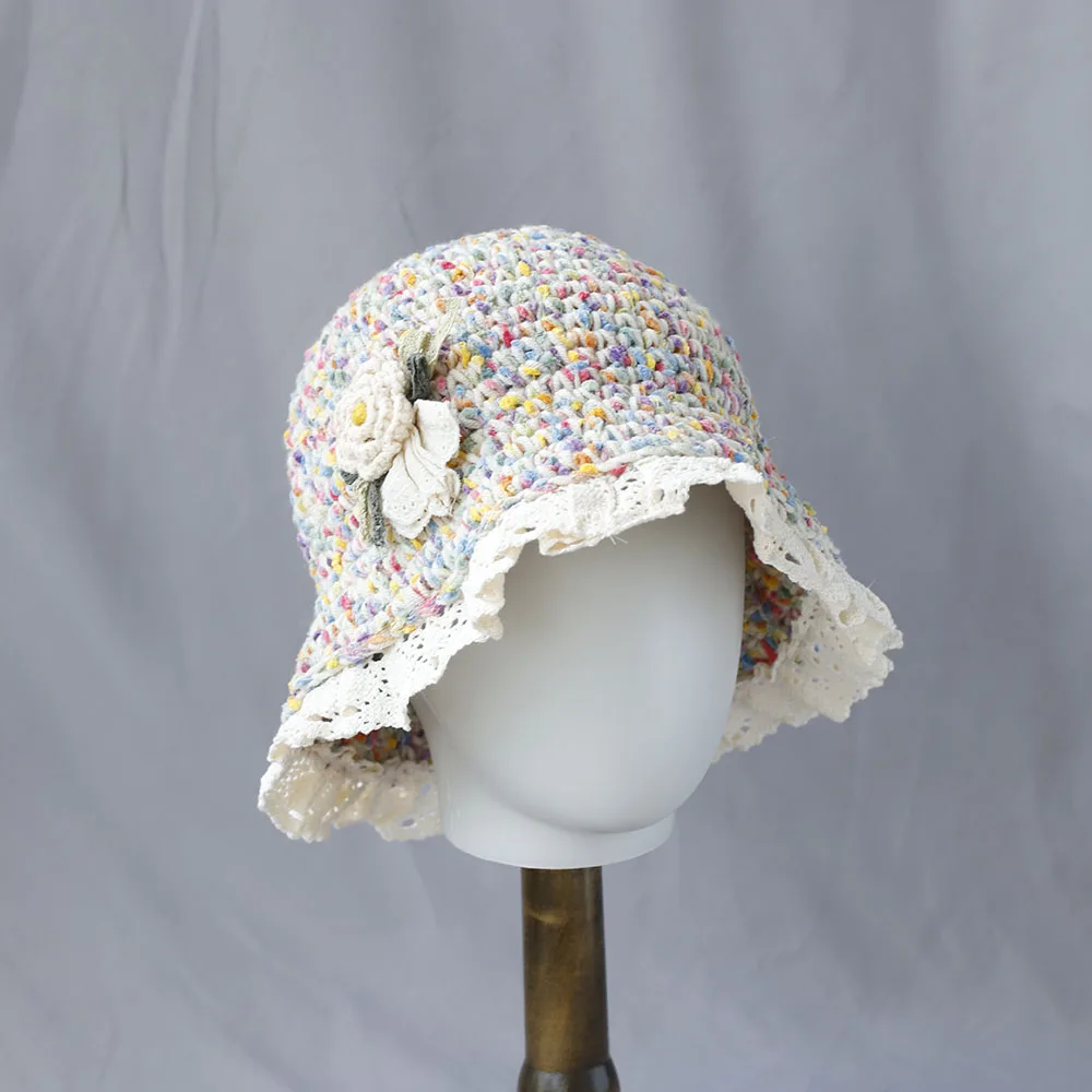 2025, neue Herbst-Winter-farbige, handgefertigte, gestrickte Eimerhüte mit Blumenmuster, vielseitige, gehäkelte, dicke Damen-Fischerhüte