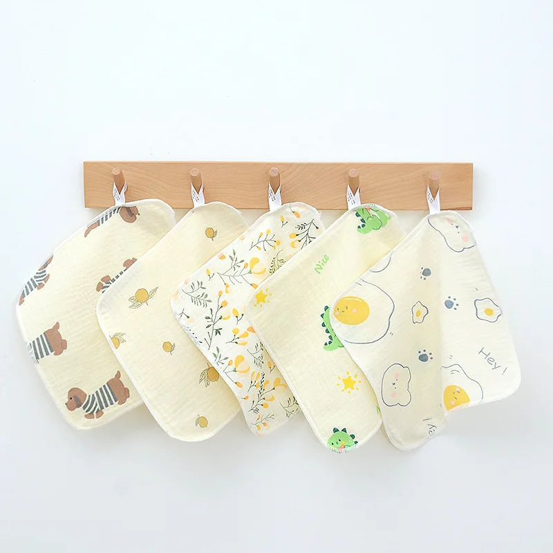 منشفة شاش للأطفال حديثي الولادة - مربعة صغيرة من القطن الخالص، حافة مغلقة مكونة من 4 طبقات، استخدام للوجه/اللعاب، نمط لطيف، ناعم ماص، لطيف