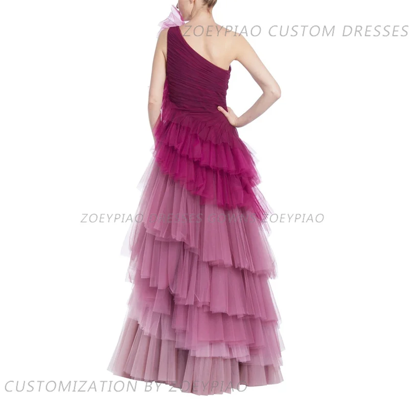 Fuschia gaun malam panjang ruffle Tulle tanpa lengan jubah satu bahu A-line Tulle gaun malam wanita jubah bersalin gaun Prom modis