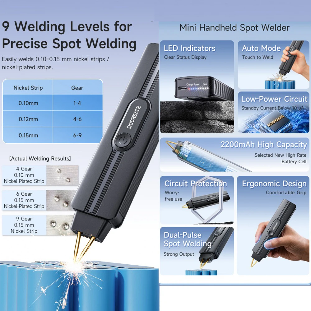 HR-10B Handheld Spot Welder 9 Gear DIY 18650 Nickel Strip Welding Machine Dual Pulse Auto Touch 2200mAh Type-C Spot Welding Tool