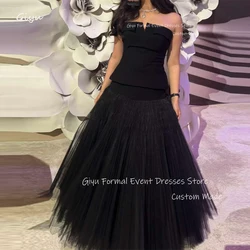 Giyu Black A Line Evening Dresses Saudi Arabic Women Strapless Tulle Long Prom Dress Formal Occasion Party Dress Vestidos