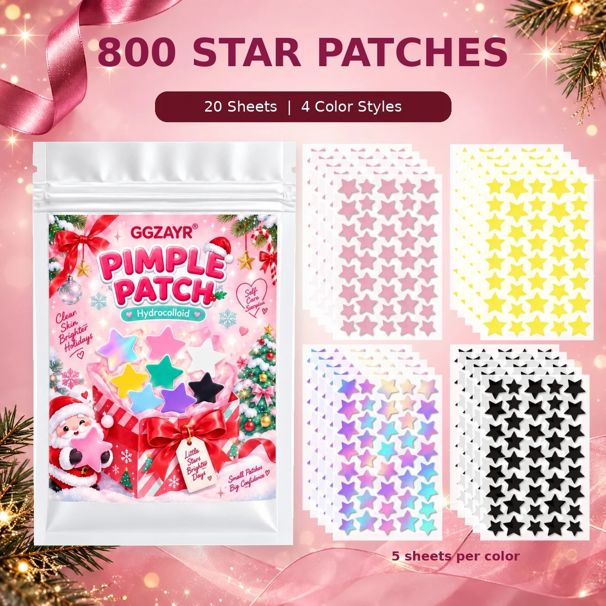 800PCS Christmas Star Pimple Patches, 4 Color Styles Cute Face Stickers for Holiday Parties and Festive Beauty Looks