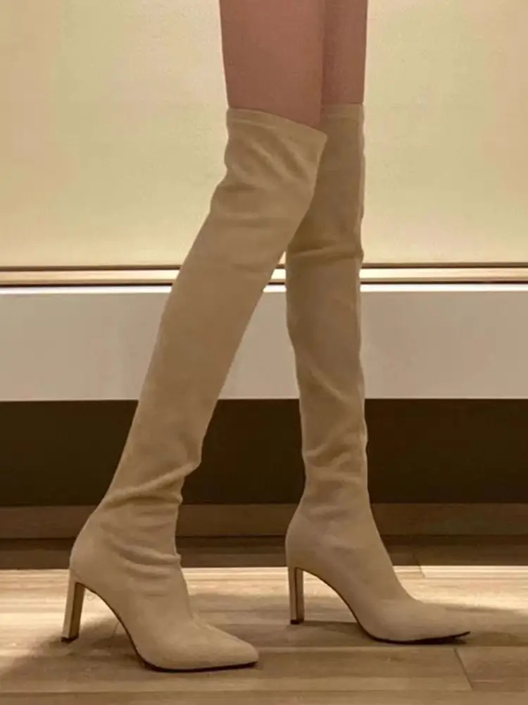 

Women's 2025 New Fall Winter Over the Knee Boots Suede Pointed Toe Slimming Stretch Chunky Heel Sexy High Heels