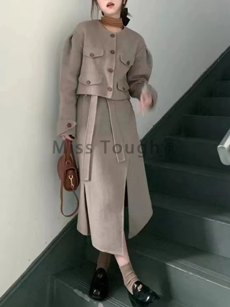 France Sweet RetroTwo Piece Set Women Chic Solid Mini Coat + Irregular Skirt Suit New Elegant Y2k Style Street Fashion Clothes