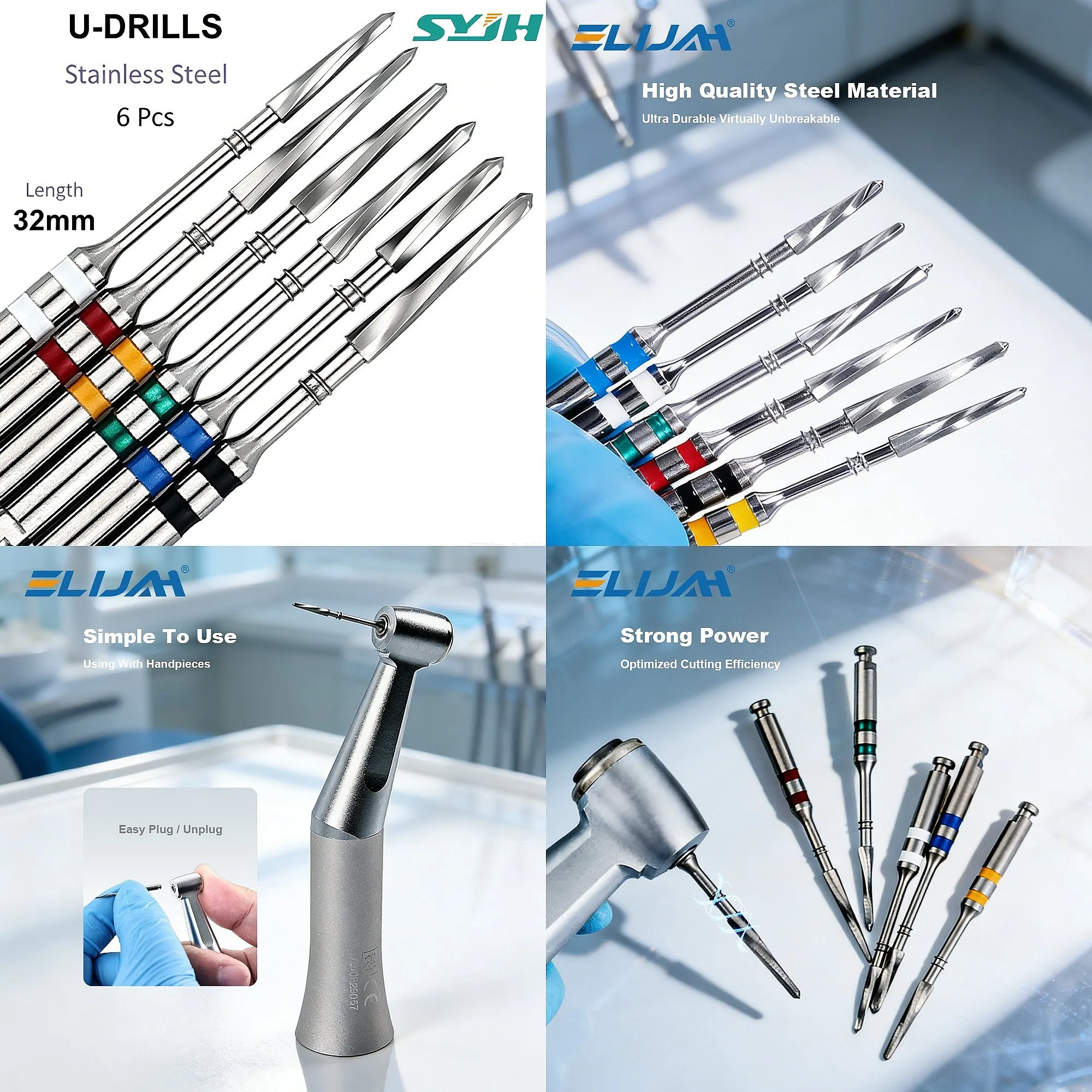 Dentals 6Pcs 32mm Metal U Drills Root Canal Files Stainless Steel Reamers for Fibers Posts Preparation