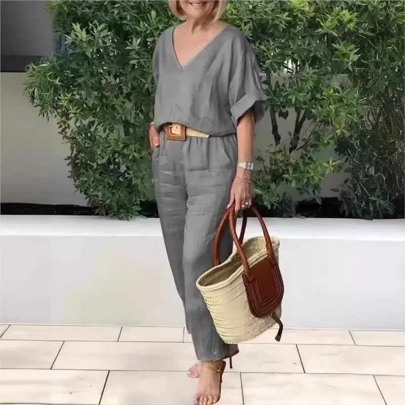 Women's Fashion Cotton And Linen Summer Sunflower Color V-neck Short Sleeved Loose Top Casual High Waisted Pocket 2-piece Set