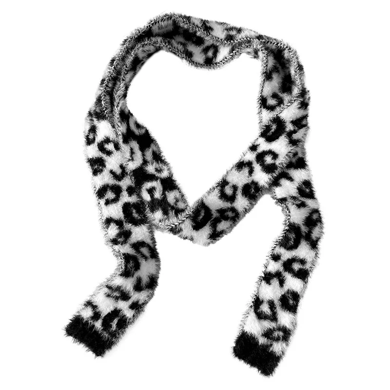 Autumn & Winter New Plush Imitation Mink Hair Thin and Narrow Leopard Print Scarf Female Niche Spice Girl Decorative Thin Scarf