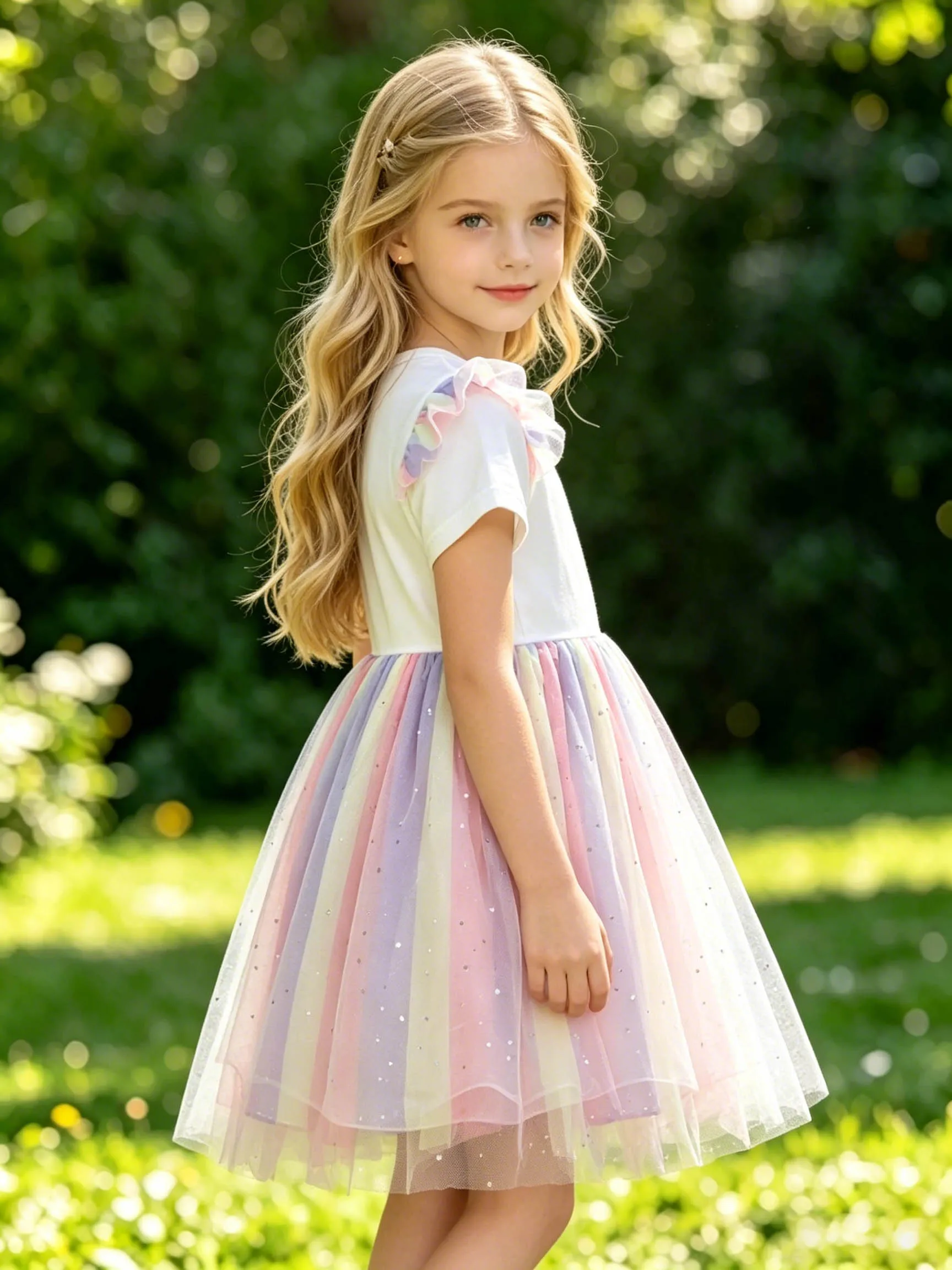 Kids' short-sleeve tulle dress with cartoon pony print, girls' fairy dress with gradient rainbow sequins