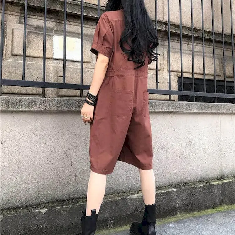 Casual Jumpsuit Nieuwe Zomer Losse Oversized Piaysuit Korte Mouwen Jumpsuit Losse Casual Solid Vintage Koreaanse Stijl Vrouwen Kleding