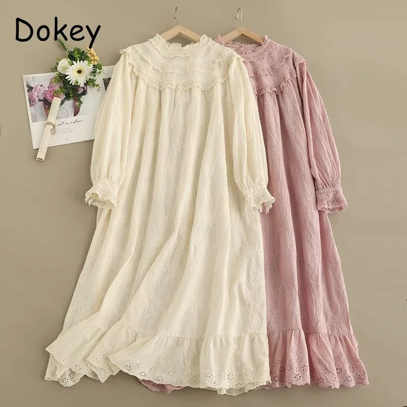 Vintage Embroidery Hollow Out Cotton Linen Dress Women Spring Mori Girl Lace Ruffled Casual Long Sleeve Loose Pullover Vestidos