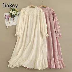 Vintage Embroidery Hollow Out Cotton Linen Dress Women Spring Mori Girl Lace Ruffled Casual Long Sleeve Loose Pullover Vestidos