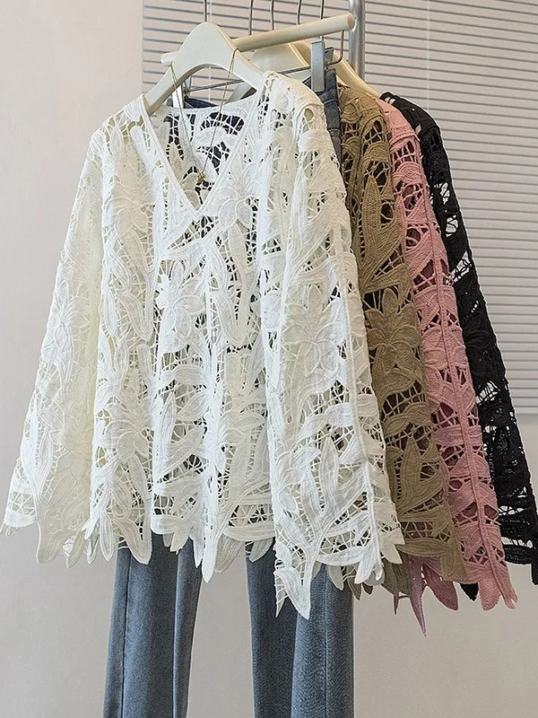 

plus Size Women's T-Shirt Korean Design Hollow out Loose Slimming Color Straight Cut Top Breathable Long Sleeve V-Neck