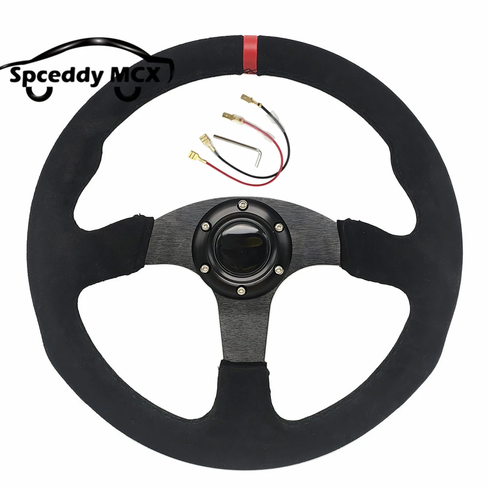 

No Logo Flat Steering Wheel Suede Racing Car Auto Sport Drift 14inch 345mm Steering Wheel Red Ring With Black Stitching