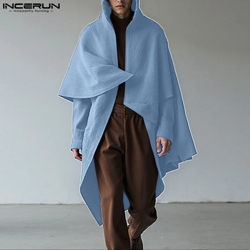 INCERUN Męski Długi Płaszcz Peleryna Jednolity Kolor z Kapturem Długi Rękaw Nieregularne Płaszcze Męskie Streetwear Trencz Modne Codzienne Poncho