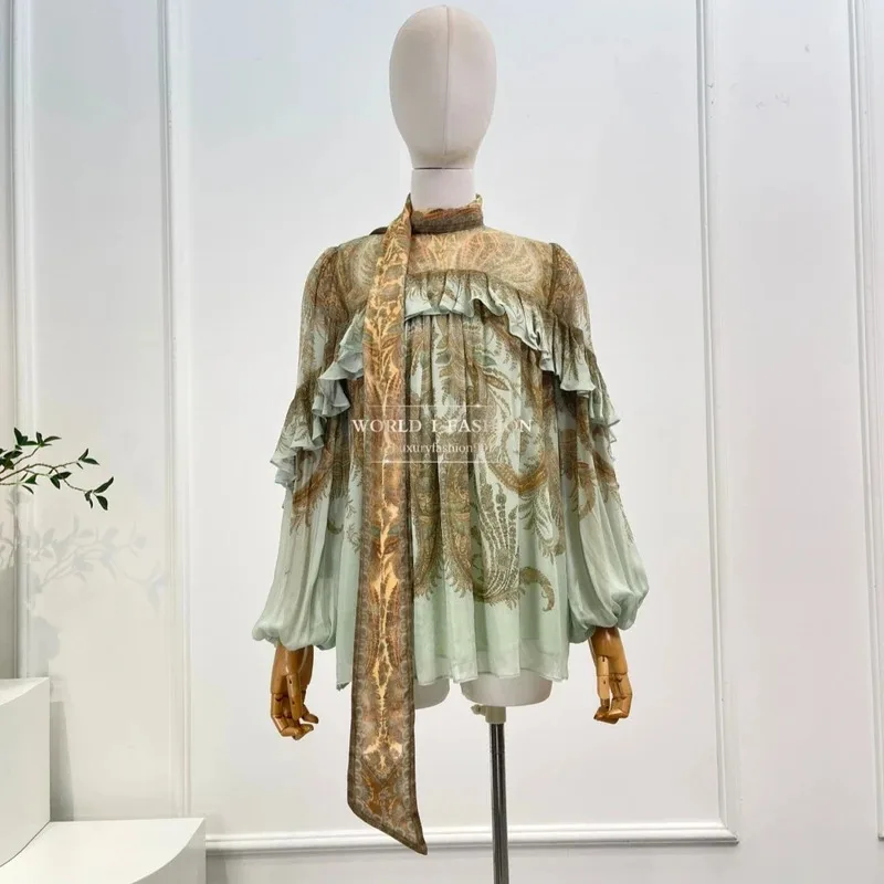 

2026 Autumn New Collection Women Wearing Elegant Mint Green Paisley Print Ruffles Long Sleeve Blouse Tops