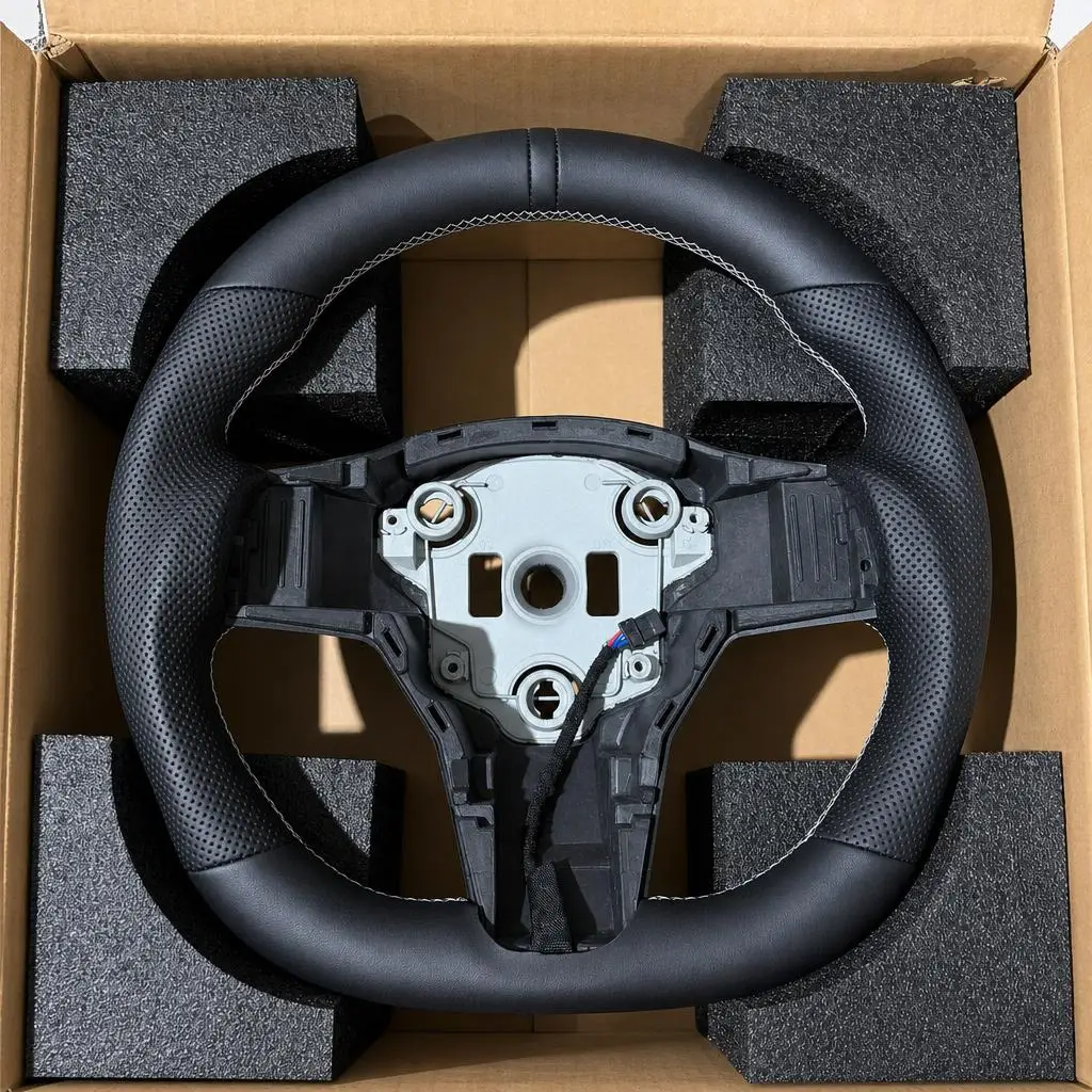 Heated Steering Wheel For Tesla Model 3 2017-2023 & Model Y 2020-2024 Black Sport PU Leather With 3D Black Leather Ring