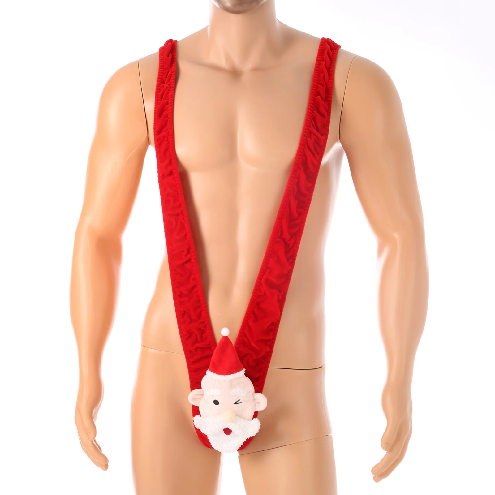 CLEVER-MENMODE Panties Christmas Santa Mankini Mens One-piece Thong Sexy Underwear Fluff Penis Pouch Bodysuit White Beard