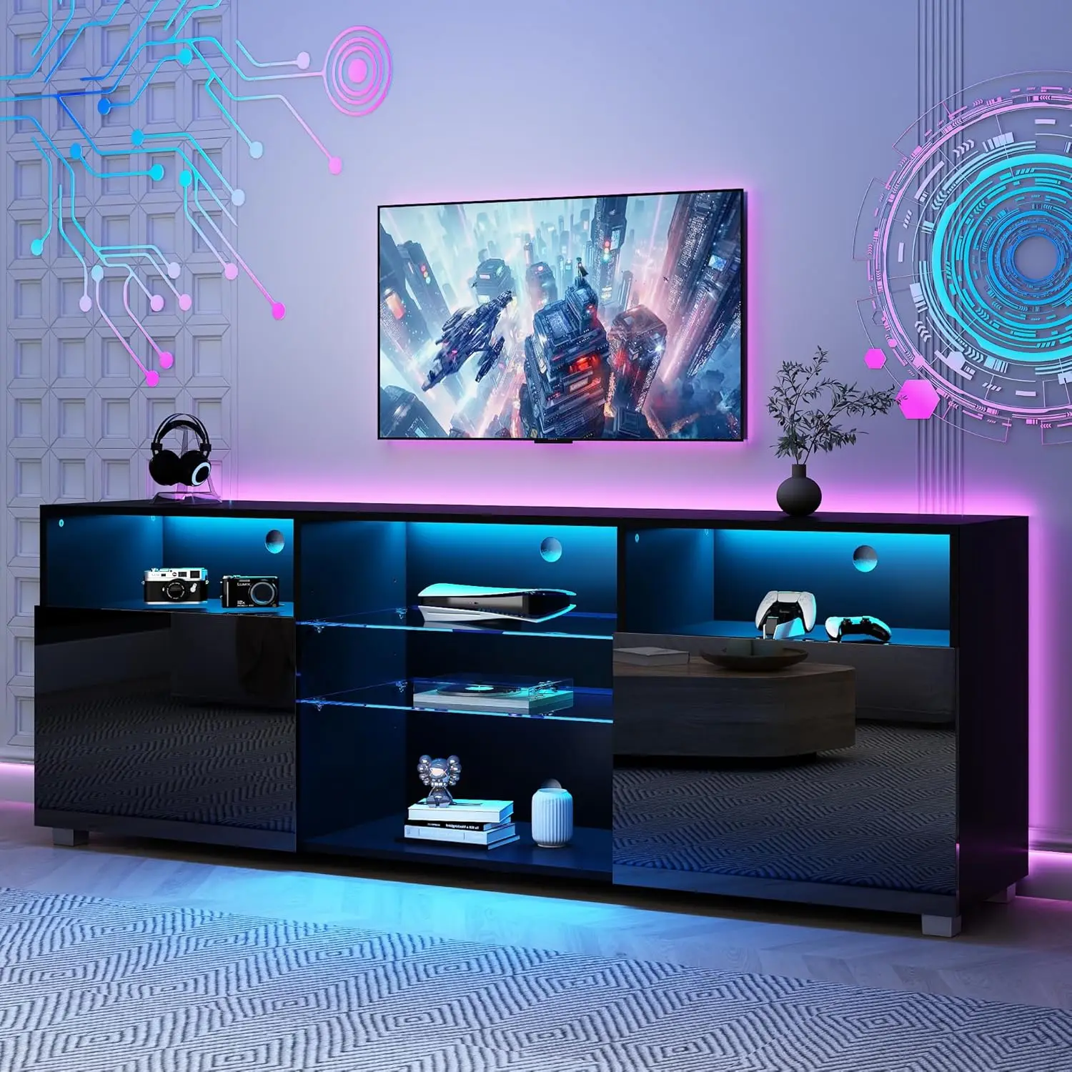 LED TV Stand for 60/65 inch TV Television Table Center Media Console with Drawer and Led Lights High Glossy Modern Entertainment