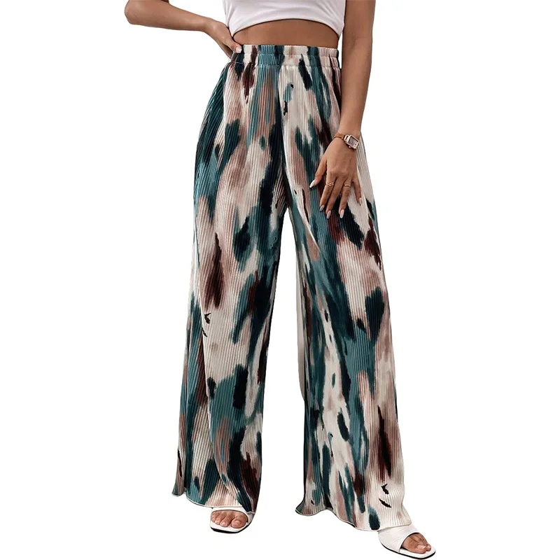 2025 Summer Thin Tie-Dye Ice Silk Women's Wide Leg Pants High Waist Printed Casual Floor Pants Women's Casual