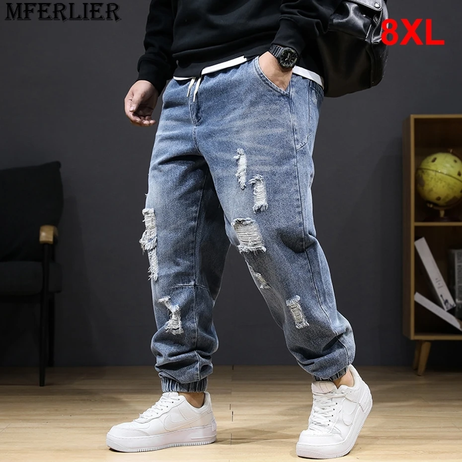 

Hold Ripped Jeans Plus Size 8XL Denim Pants Men Fashion Casual Elastic Waist Jogger Jeans Male Solid Color Trousers Big Size 8XL