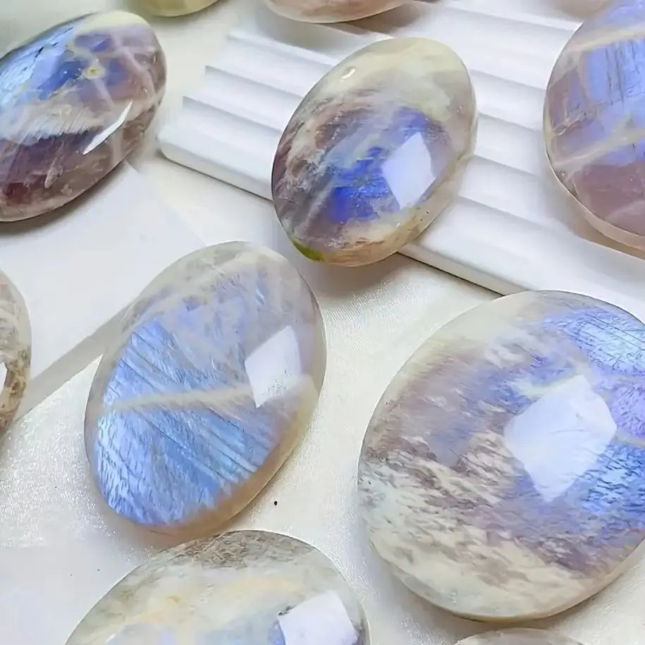 Natural Blue Luminous Stone Crystal Palm Stone for Mind Healing Finger Massage Energy Healing Feng Shui Meditation Worry Stone
