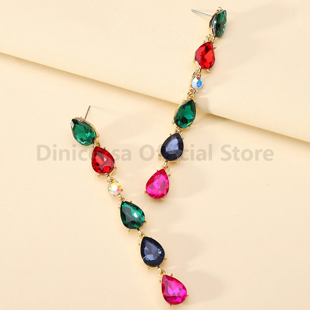 Romantic Fashion Teardrop Charm Shiny Glass Wedding Party Pendant Jewelry Boho Luxury Brand Long Dangle Earrings For Women Gift