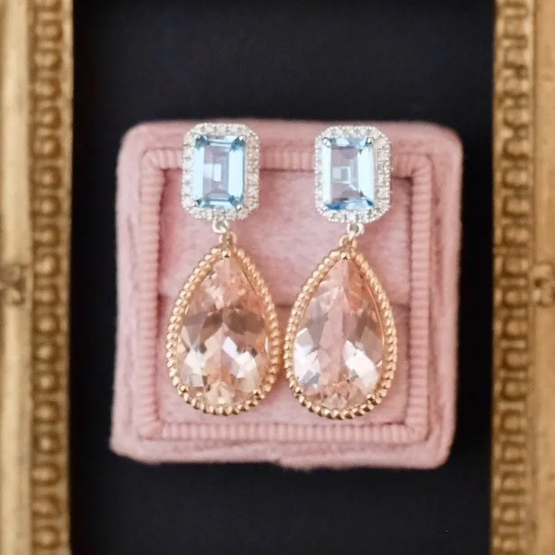 Ins العصرية 925 الفضة الزبرجد مورغانيتي دمعة الأذن قطرة استرخى 18K ارتفع الذهب بيان الوردي الأزرق القرط عالية غرامة مجوهرات