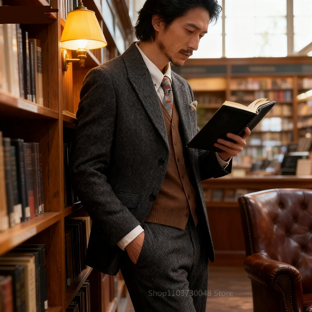 

Men's Dark Grey Tweed Smoking Suit Unique Single Breasted Two-Button Business Blazer Fishbone Design Wedding Ceremony Coat