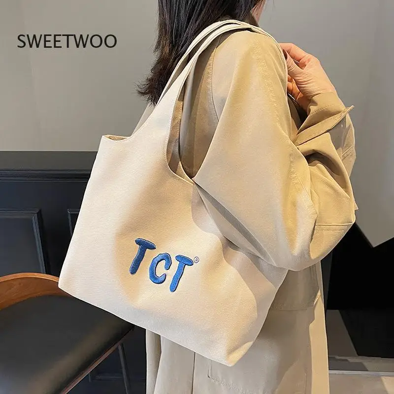 2026 Women Embroidered Canvas Tote Bag with Letter Print Casual Commuter Shoulder Purse