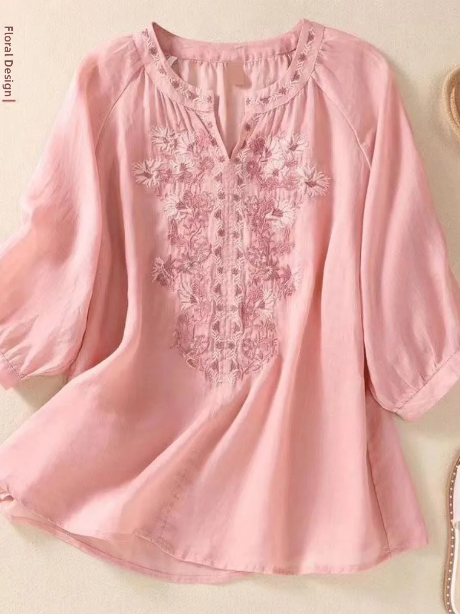 camiseta-feminina-de-algodao-e-linho-meia-manga-verao-2026-nova-solta-antienvelhecimento-elegante-para-maes-com-bolso-pequeno
