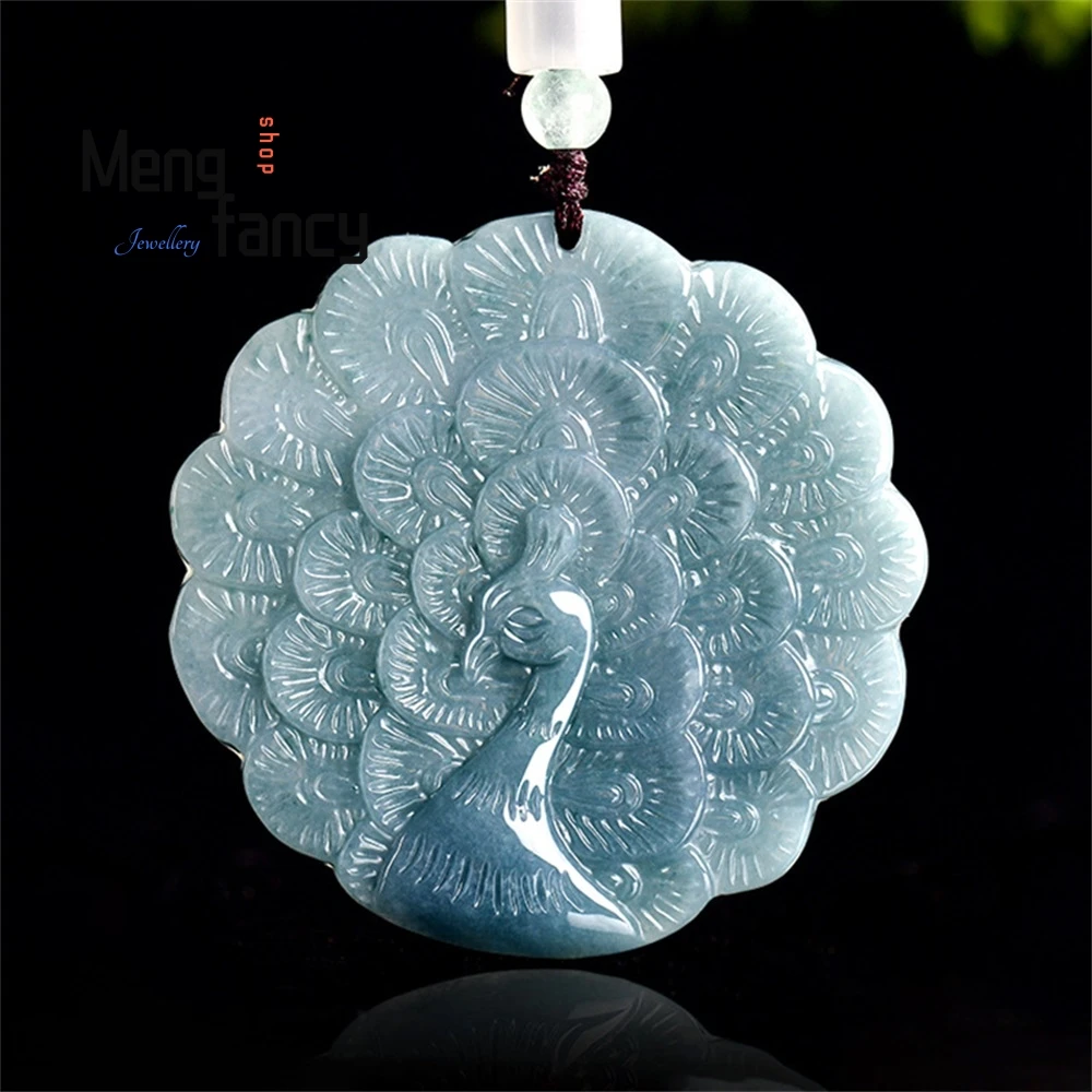 

Natural A-Grade Jadeite Blue Water Auspicious Peacock Ice Type Jade Pendant Exquisite Mascots Best Selling Fashion Fine Jewelry